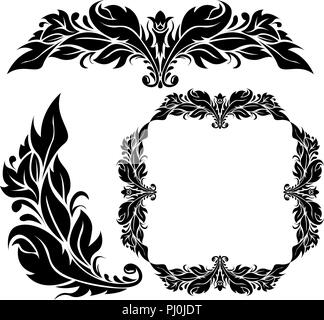 Florale Ornamente und Verzierungen. Schwarz filigrane Elemente auf weißem Hintergrund Stock Vektor