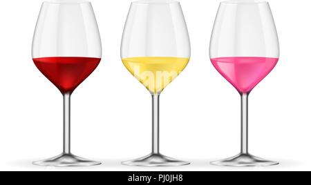 Glas Wein. Rot, Weiß und Rose Wein. Vector 3d-Abbildung auf weißem Hintergrund. Stock Vektor