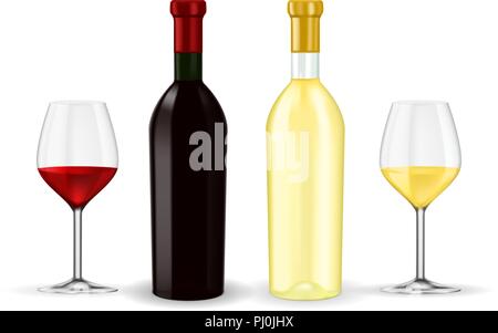 Flaschen Rot- und Weißwein mit Brille Stock Vektor