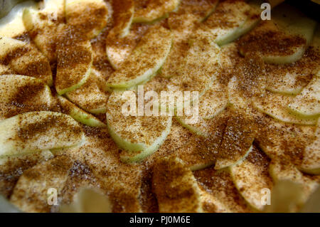 Rohe Kuchen mit Stücken von Apple in einer Form bereit zum Backen. Hefeteig mit Zimt für den Ofen zubereitet. Stockfoto