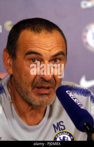 FC Chelsea Pressekonferenz mit neuen Manager Maurizio Sarri im Chelsea's Training Boden die 2018 FA Community Shield Match zwischen Chelsea und Manchester City bietet: Maurizio Sarri Wo: Chichester, Großbritannien Wann: 03. August 2018 Credit: WENN.com zur Vorschau Stockfoto