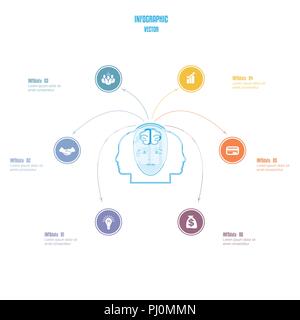 Elemente für die Vorlage. Brain Storm Infografiken Business Konzept für 6 Optionen, Teile oder Prozesse. Pfeile vom Kopf der Person, ein Platz für die t Stock Vektor