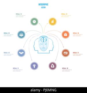 Elemente für die Vorlage. Brain Storm Infografiken Business Konzept für 8 Optionen, Teile oder Prozesse. Pfeile vom Kopf der Person, ein Platz für die t Stock Vektor