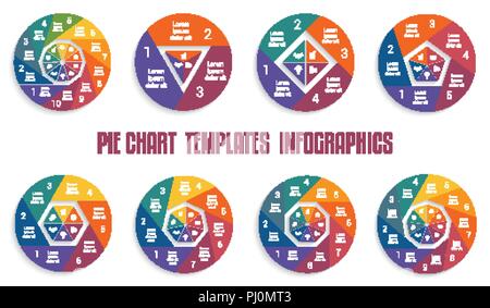 Satz von Infografiken Business Vektor Kreisdiagramme Muster für Design 3 4 5 6 7 8 9 10 Varianten, Schritte, Teile, Workflows. Stock Vektor