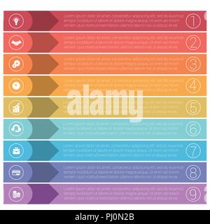 Vorlage Infografiken aus bunten Streifen. Business Konzept für 9 Positionen. Stock Vektor