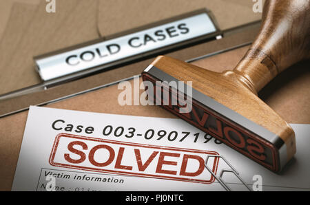 3D-Darstellung eines kalten Fall Datei mit einem Stempel und das Wort gelöst. Konzept für die erfolgreiche Ermittlungsarbeit der Polizei Stockfoto