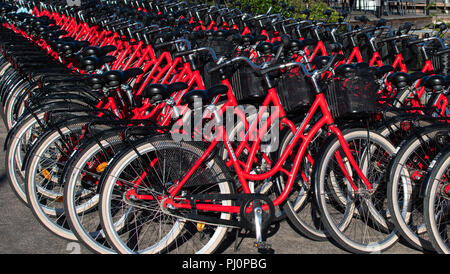 Rote Fahrräder, die zusammen gestapelt, bereit zu mieten, Stockholm, Schweden. September 2018. Stockfoto