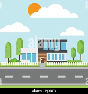 Eine moderne Häuser und Umgebung mit Bäumen, Wolken, Vögel und entlang der Straßen, modernes Gebäude und Architektur, Flach home Vector Illustration. Stock Vektor