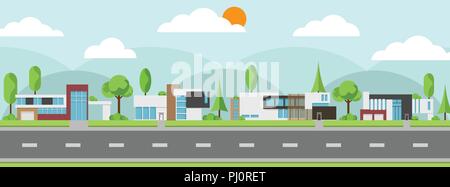 Landschaft von modernen Häusern mit Baum, Wolken und entlang der Straßen, modernes Gebäude und Architektur, Flach home Vector Illustration. Stock Vektor