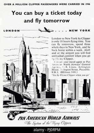 1940er Jahre alten Vintage original advert Werbung London nach New York durch Pan American World Airways in Englisch Magazin ca. 1947 Stockfoto