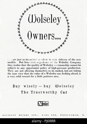 1940er Jahre alten Vintage original advert Werbung neue Autos durch Wolseley von Birmingham England Großbritannien im englischen Magazin ca. 1947 Stockfoto