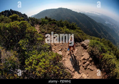 Eine Frau Wanderungen im Osten Spitze des Mount Tamalpais in Marin County, Kalifornien. Stockfoto