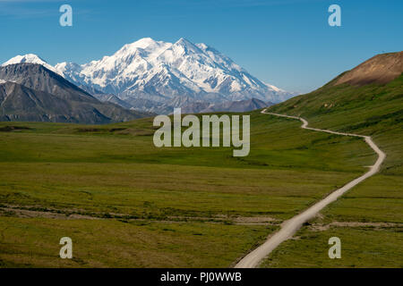 Klar sonniger Tag im Denali National Park mit der Straße, die zu den ungehinderten Blick auf den Denali (ehemals Mt McKinley) Stockfoto