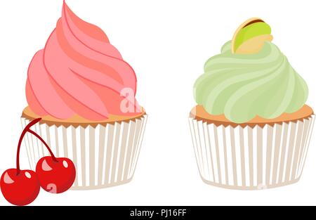 Pistazien Cupcake und Cherry Cupcake. Raster Cartoon Illustration auf weißem Hintergrund Stockfoto