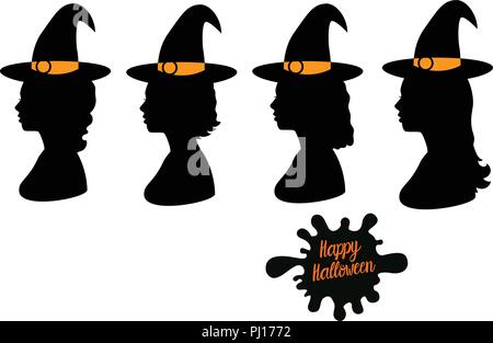 Satz von Hexen in Hüte mit unterschiedlichen Frisuren. Vector Illustration von Silhouette Seitenansicht auf weißem Hintergrund. Stock Vektor