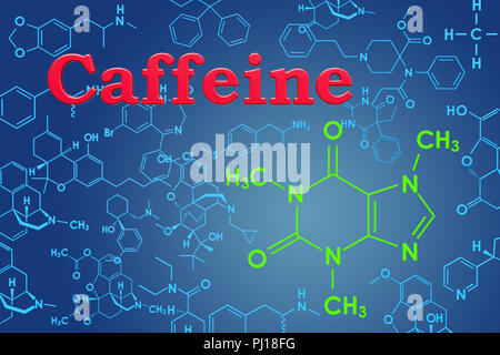Koffein. Die chemische Formel, der molekularen Struktur. 3D-Rendering Stockfoto