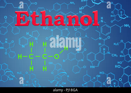 Ethanol. Die chemische Formel, der molekularen Struktur. 3D-Rendering Stockfoto