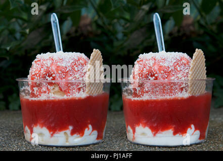 Zwei Vanille Eis mit Erdbeersoße und Wafer Stockfoto