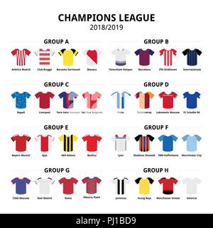 Champions League Fußball Trikots kit 2018 - 2019 Fußball-Teams kit Vector Icons Gruppenphase A-H Stock Vektor