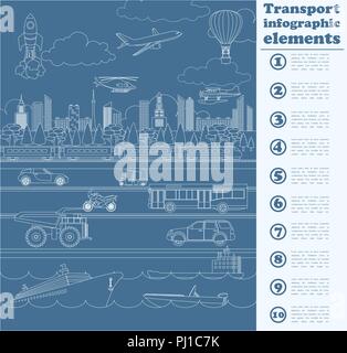 Transport Infografiken Elemente. Pkw, Lkw, öffentlichen, Luft, Wasser, Schienenverkehr. Im Retrostil Abbildung. Vektor Stock Vektor