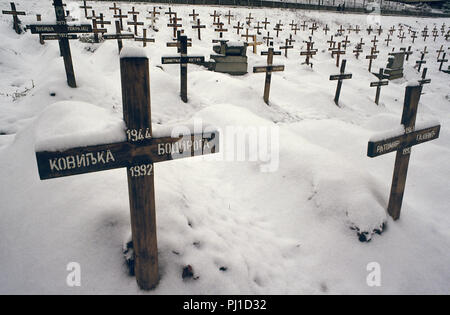 4. März 1993 während der Belagerung von Sarajevo: Blick auf einen Teil der Lion Friedhof, direkt unter den Kosevo Krankenhaus. Dutzende hölzerne Kreuze im Schnee sind alle 1992. Sie tragen die Namen der serbischen Opfer der Belagerung. Stockfoto