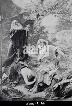 Parsifal und Gurnemanz, Kundry, Szene aus einer Oper von deutschen Komponisten Richard Wagner, digital verbesserte Reproduktion eines woodprint aus dem Jahr 1890 Stockfoto