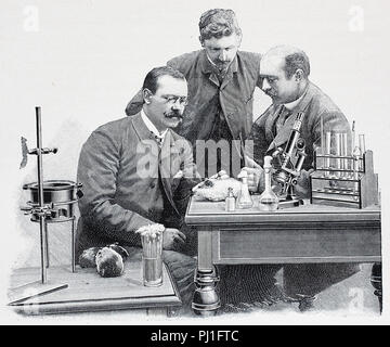 Emil Adolf Behring (15. März 1854 - 31. März 1917), deutscher Physiologe, mit seinen Assistenten im Labor, digital verbesserte Reproduktion eines woodprint aus dem Jahr 1890 Stockfoto