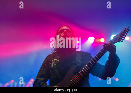 Kiew, Ukraine - Juli 08, 2018: Lacuna Coil, Italienische Gothic Metal Rock Band live im Atlas Wochenende Festival in nationalen Expocentre. Stockfoto