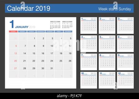 2019 Kalender. Kalender modernes Design vorlage. Woche beginnt Sonntag. Vector Illustration. Stock Vektor