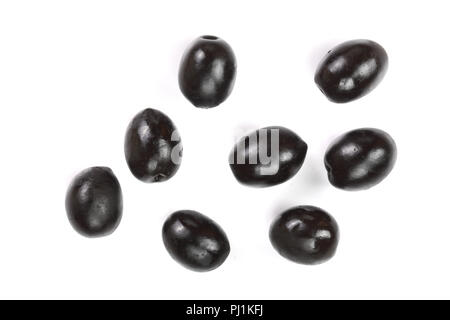 Ganze schwarze Oliven auf weißem Hintergrund. Ansicht von oben. Flach Muster. Stockfoto