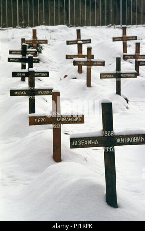 4. März 1993 während der Belagerung von Sarajevo: Blick auf einen Teil der Lion Friedhof, direkt unter den Kosevo Krankenhaus: Dutzende hölzerne Kreuze im Schnee alle sind datiert 1992. Sie tragen die Namen der serbischen Opfer der Belagerung. Stockfoto