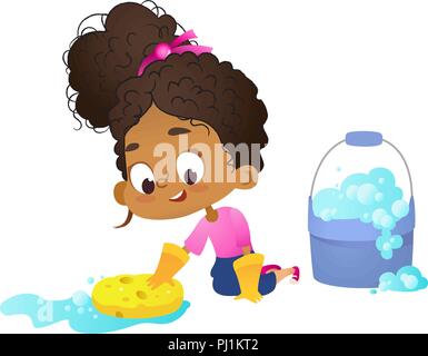 Konzept der Kinder Haushalt Routinen - wenig afroamerikanischen Mädchen wischen Stock waering Latex Handschuhe, Konzept der Montessori engagieren pädagogische Aktivitäten. Cartoon Vector Illustration Stock Vektor