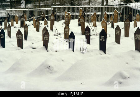 4. März 1993 während der Belagerung von Sarajevo: Blick auf einen Teil der Lion Friedhof, direkt unter den Kosevo Krankenhaus. Holz- Grab - Markierungen im Schnee alle sind datiert 1992. Sie tragen die Namen der muslimischen Opfer der Belagerung. Stockfoto