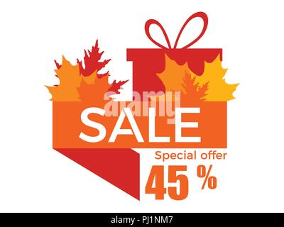 Herbst Verkauf, einen Rabatt von 45 Prozent. Ribbon mit vergilbten Blätter und ein Geschenk. Vector Illustration Stock Vektor