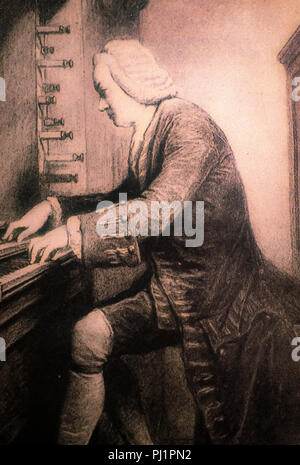 Ein Bild von Johann Sebastian Bach der deutsche Komponist hier an seiner Orgel gesehen Stockfoto