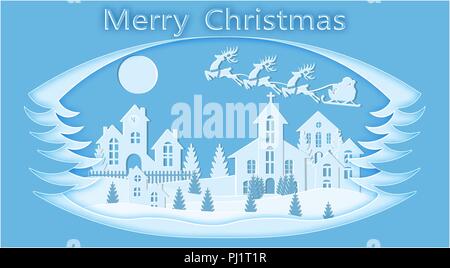 Für das neue Jahr. Weihnachten. Stilisierte Rahmen. Ein Bild von Santa Claus und Rotwild Landschaft. Schnitt vom blauen Papier. Abbildung Stock Vektor