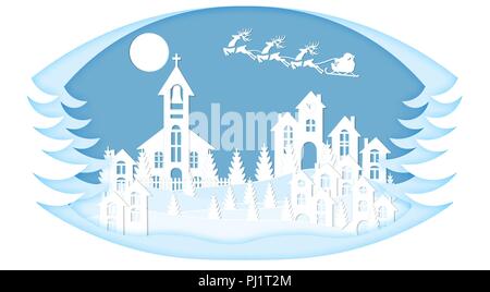 Für das neue Jahr. Weihnachten. Stilisierte Rahmen. Ein Bild von Santa Claus und Rotwild Landschaft. Schnitt von weißem Papier. Abbildung Stock Vektor