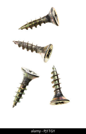 Schrauben isoliert auf weißem Hintergrund Nahaufnahme. Ansicht von oben Stockfoto