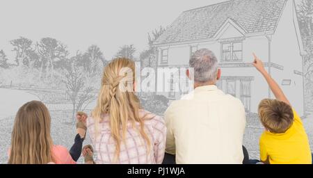 Familie vor dem Haus Zeichnung Skizze Stockfoto