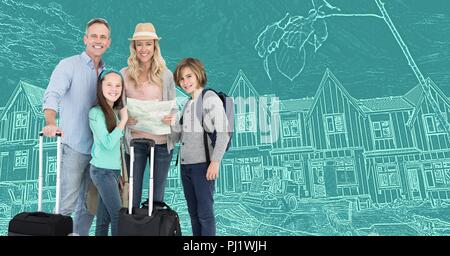 Familie vor dem Haus Zeichnung Skizze mit Gepäck Stockfoto