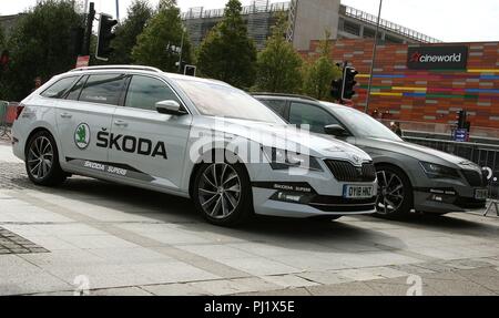 Skoda Förderung während der ersten Etappe der Tour von Großbritannien 2018 in der Stadt Newport South Wales GB UK 2018 Stockfoto