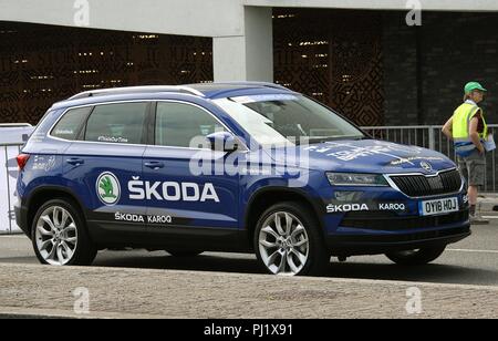 Skoda Förderung während der ersten Etappe der Tour von Großbritannien 2018 in der Stadt Newport South Wales GB UK 2018 Stockfoto