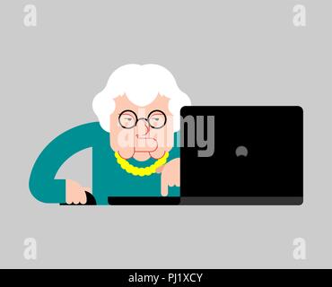 Großmutter Laptop arbeiten. Alte Frau und Notebook. Vector Illustration Stock Vektor
