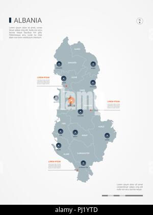 Albanien Karte mit Grenzen, Städte-, Kapital- und administrativen Abteilungen. Infografik Vektorkarte. Bearbeitbare Layer deutlich gekennzeichnet. Stock Vektor