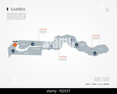 Gambia Karte mit Grenzen, Städte-, Kapital- und administrativen Abteilungen. Infografik Vektorkarte. Bearbeitbare Layer deutlich gekennzeichnet. Stock Vektor