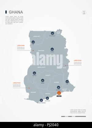 Ghana Karte mit Grenzen, Städte-, Kapital- und administrativen Abteilungen. Infografik Vektorkarte. Bearbeitbare Layer deutlich gekennzeichnet. Stock Vektor