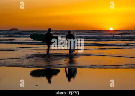 Polzeath, Cornwall, Großbritannien 3. September 2018. Surfer die Wellen bei Sonnenuntergang an einem warmen September Abend auf Polzeath Strand am Atlantik nördlich der Küste von Cornwall. Credit: Mark Richardson/Alamy leben Nachrichten Stockfoto