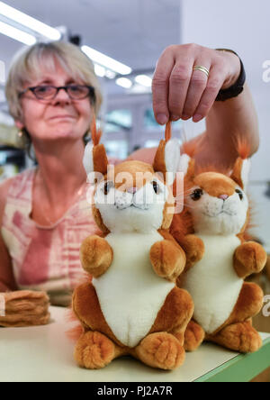 Georgenthal, Deutschland. 30 Aug, 2018. 30.08.2018, Thüringen Georgenthal: Mitarbeiter Heike Reuter prüft die Qualität der ausgestopfte Tiere mit dem Namen Eichhörnchen Erna in der Steiner GmbH Toy Factory, die handgemachte Hier sind. 3000 verschiedene tierfiguren von 15 Zentimetern bis zu drei Metern haben hier seit 1889 produziert. Die stofftiere sind weltweit verteilt aus unserem eigenen Design Abteilung für Werbung und Dekoration. Die vierte Generation der Familie Geschäft hat einen Factory Outlet und 20 Mitarbeiter. Foto: Jens Kalaene/dpa-Zentralbild/ZB/dpa/Alamy leben Nachrichten Stockfoto