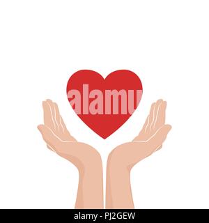 Liebe care Symbol. Zwei Hände mit roten Herzen. Vector Illustration Stock Vektor