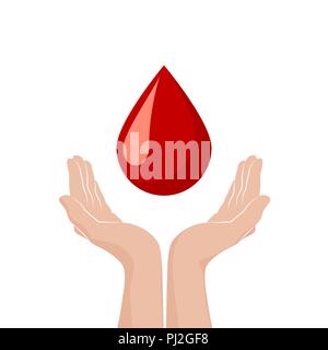 Zwei Händen Blut spenden. Weltblutspendetag Konzept. Red drop Symbol der freiwilligen Blutspende. Vector Illustration auf weißem Hintergrund Stock Vektor